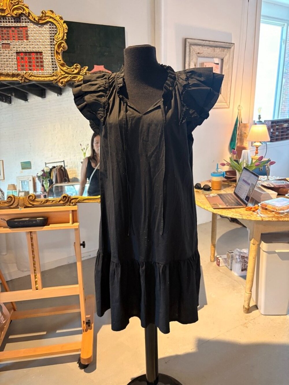 Valentina Naldi Relaxed Flutter-sleeve Mini Black Dress, Sz. M